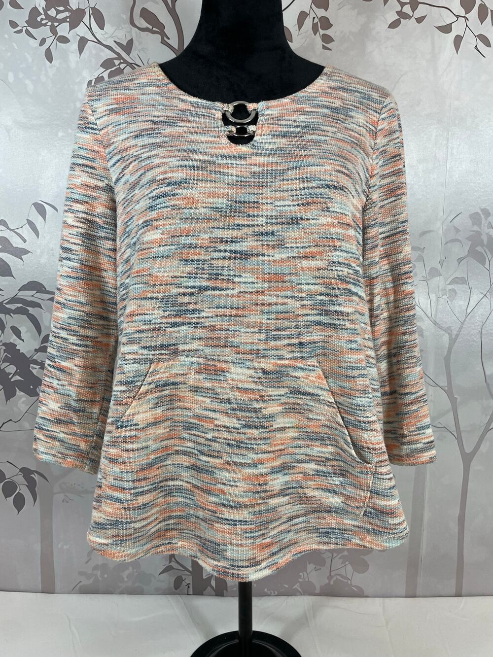 Unbranded Space Dye Knit Tunic Top Metal Ring Keyhole Pocket Blue Terracotta M